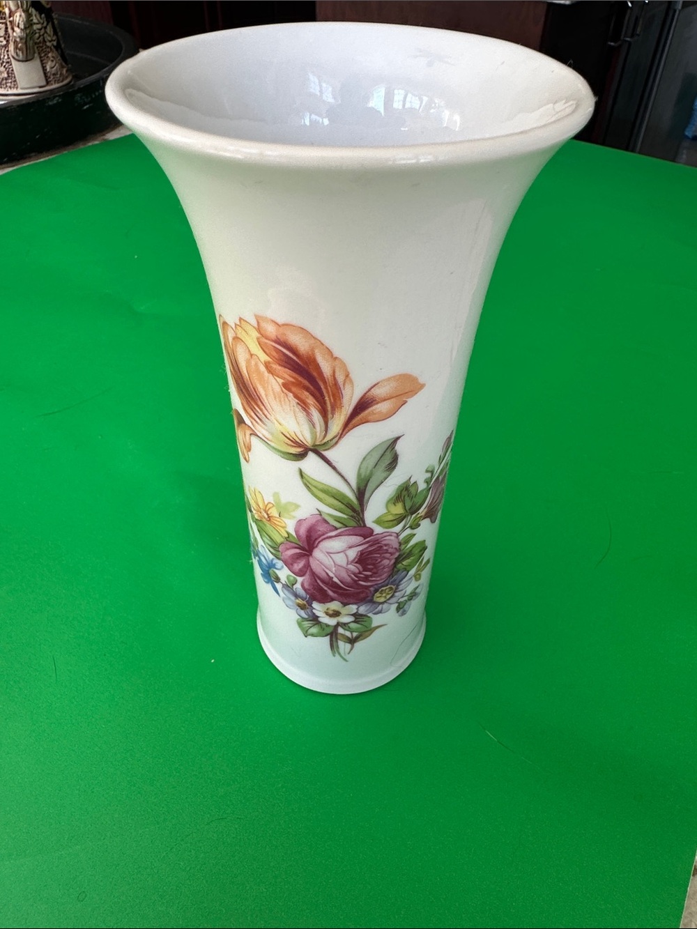 White Ceramic Flared Vase with Multicolor Floral Design